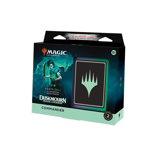 Magic: The Gathering Duskmourn Death Toll deck box featuring borderless commanders for ready-to-play battles