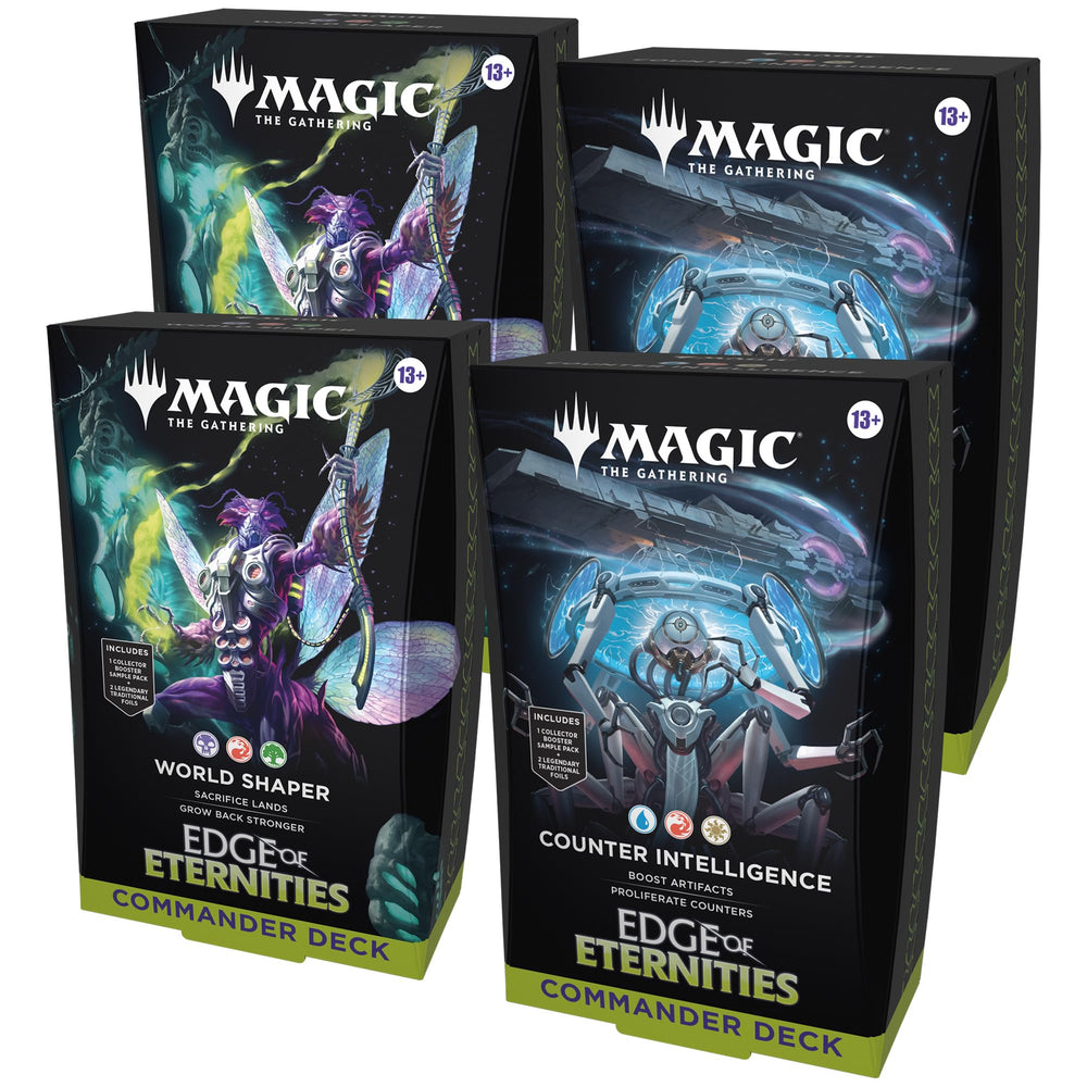 Magic: The Gathering Edge of Eternities World Shaper deck with foil borderless commanders for dramatic visuals