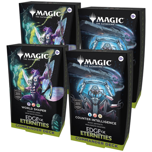 Magic: The Gathering Edge of Eternities World Shaper deck with foil borderless commanders for dramatic visuals