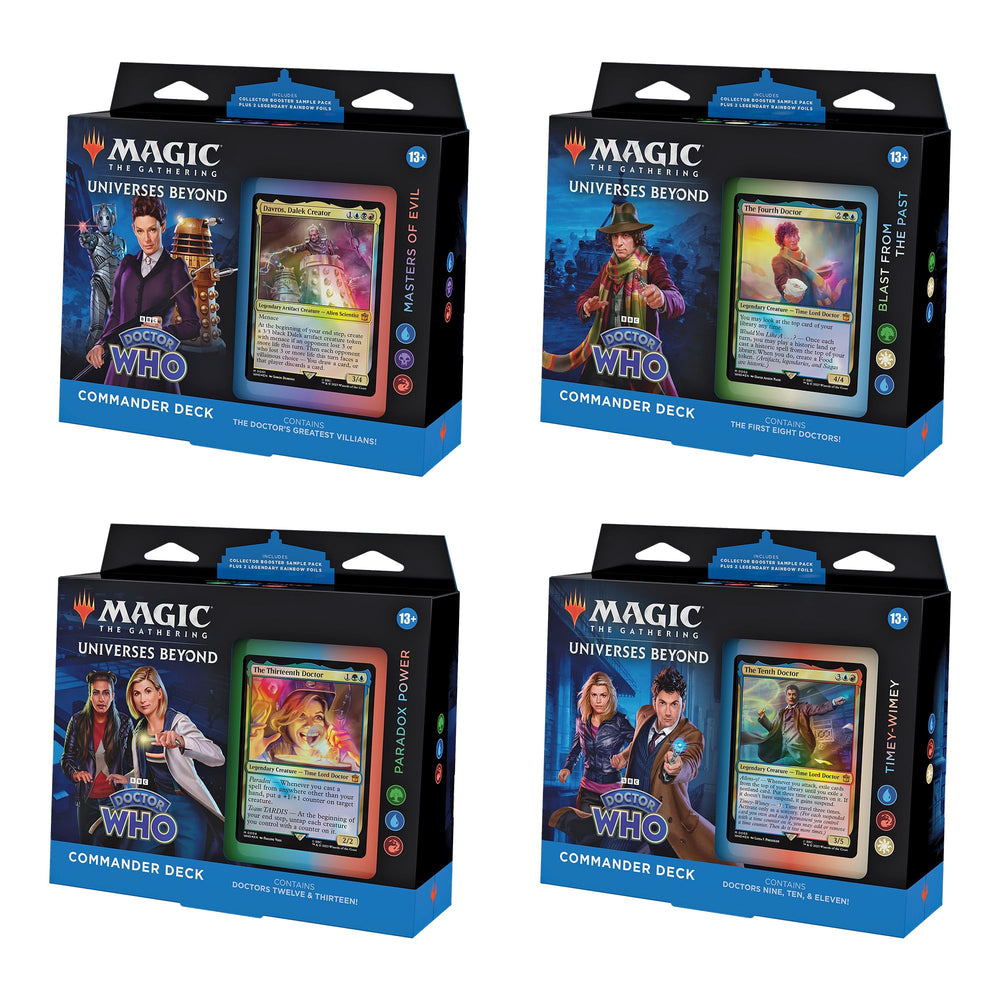 Magic: The Gathering Doctor Who deck bundle featuring four ready-to-play decks for multiplayer games
