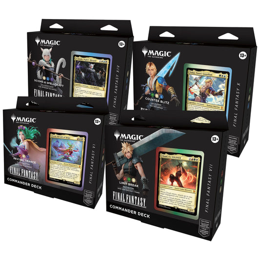 Magic: The Gathering Final Fantasy Commander Deck Bundle featuring four themed decks for epic multiplayer battles