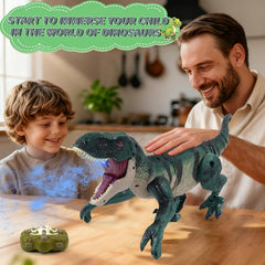 MagicKidz remote-control-dinosaur LED lights illuminate every maneuver for night play.