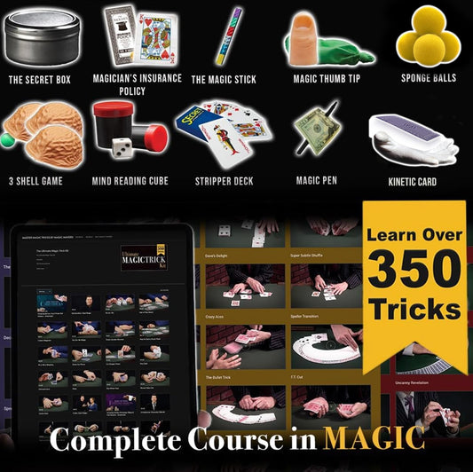 Magic Makers Ultimate Trick Kit contents spread highlights classic and modern tricks for practice