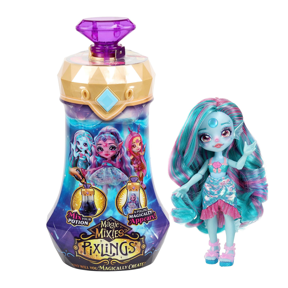 Magic Mixies Pixlings Marena Mermaid potion bottle reveal with a magical Pixling appearing