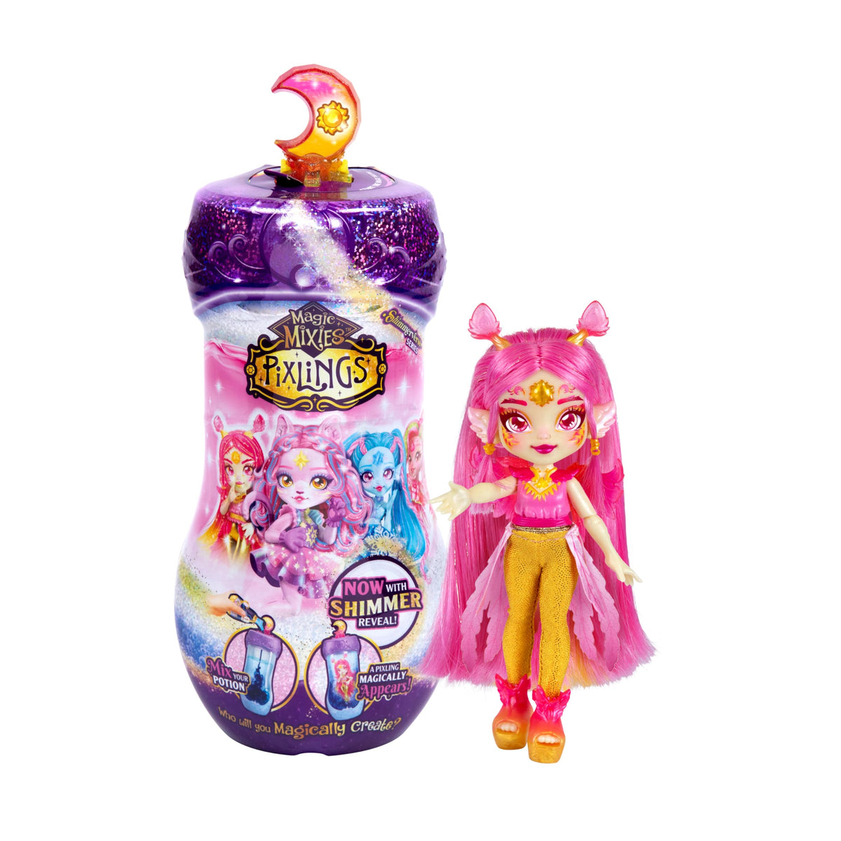 Magic Mixies Pixlings Shimmerverse bubbling potion reveals Pheona inside the bottle for magical play.
