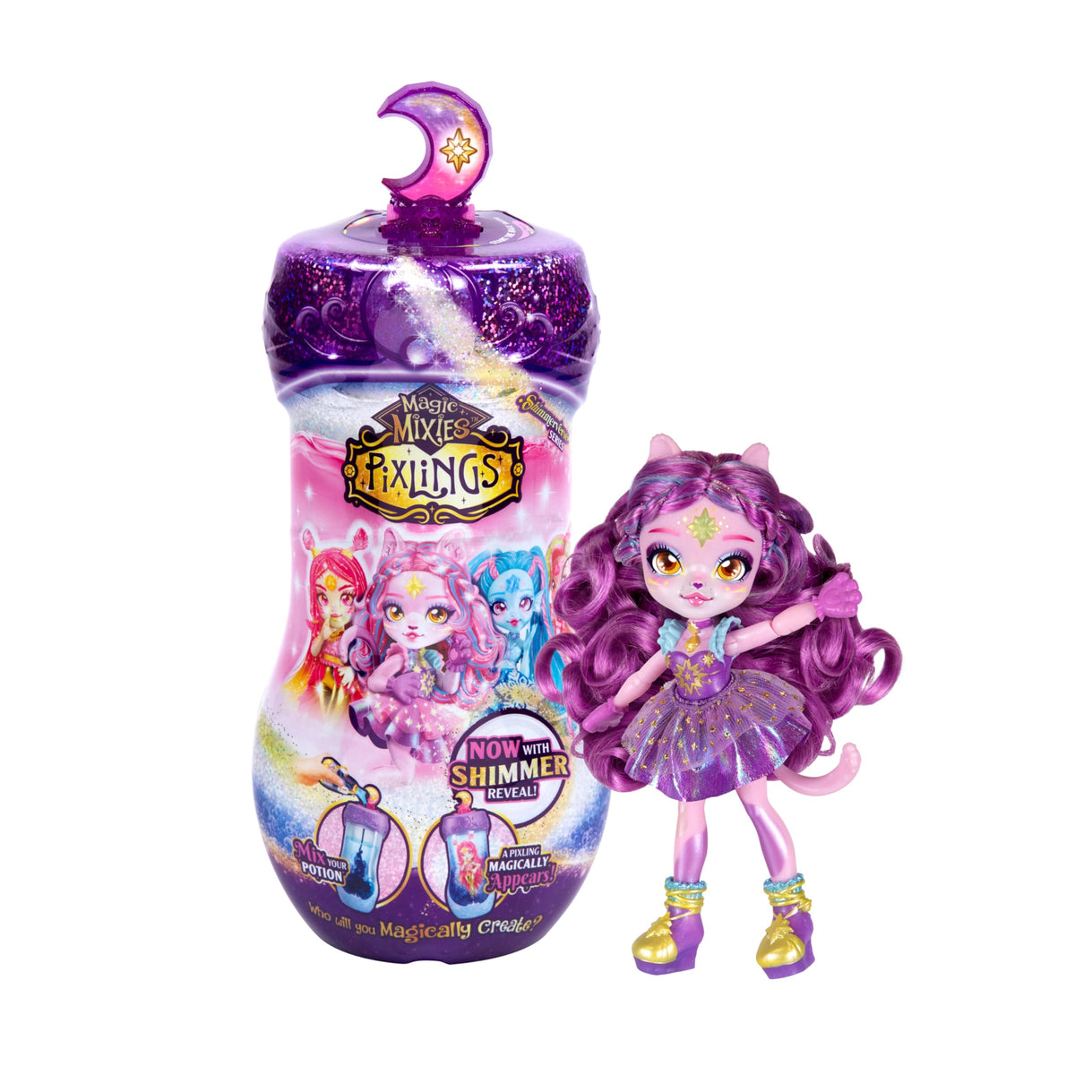 Magic Mixies Pixlings Shimmerverse Catlyn reveal bottle pour for imaginative play.