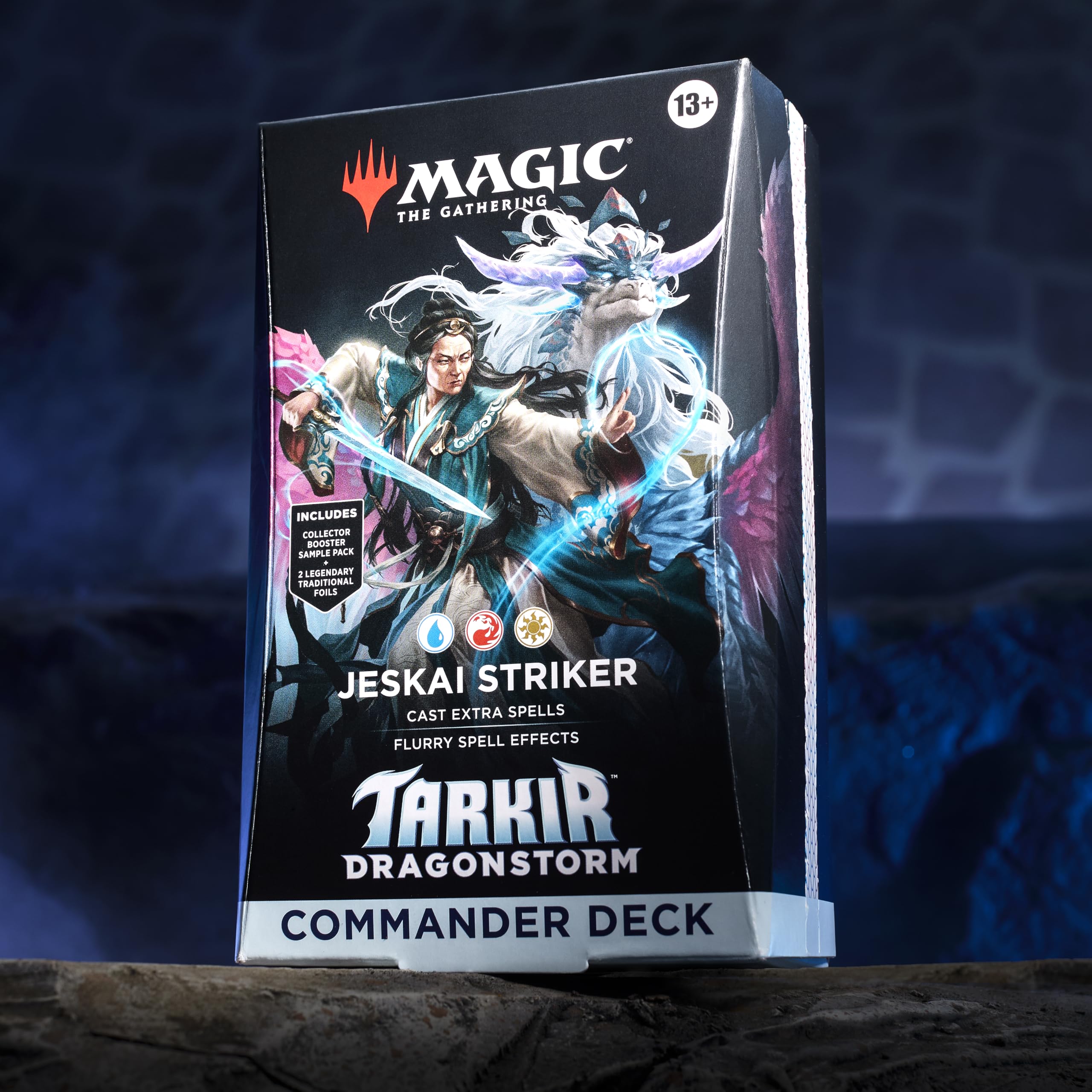 Artwork from the Tarkir Dragonstorm Jeskai Striker deck showing bold card art