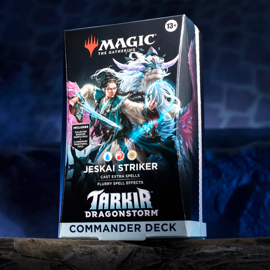 Artwork from the Tarkir Dragonstorm Jeskai Striker deck showing bold card art