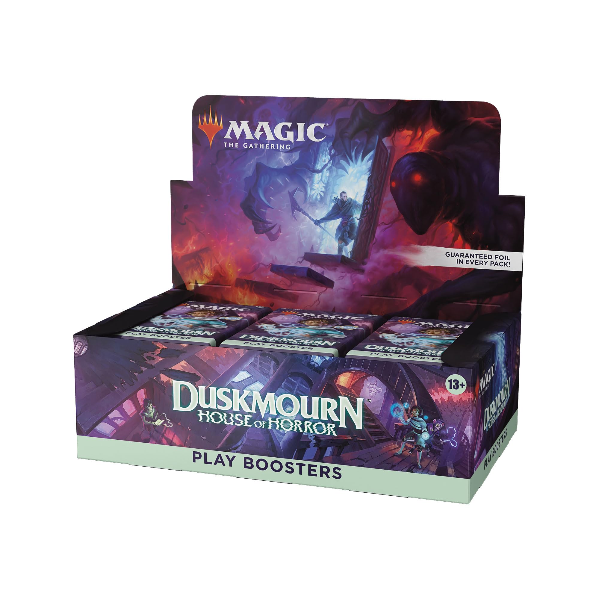 Magic: The Gathering Duskmourn booster box front with eerie House of Horror branding