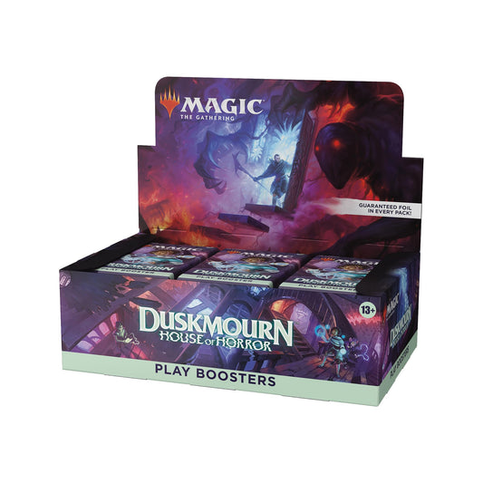 Magic: The Gathering Duskmourn booster box front with eerie House of Horror branding
