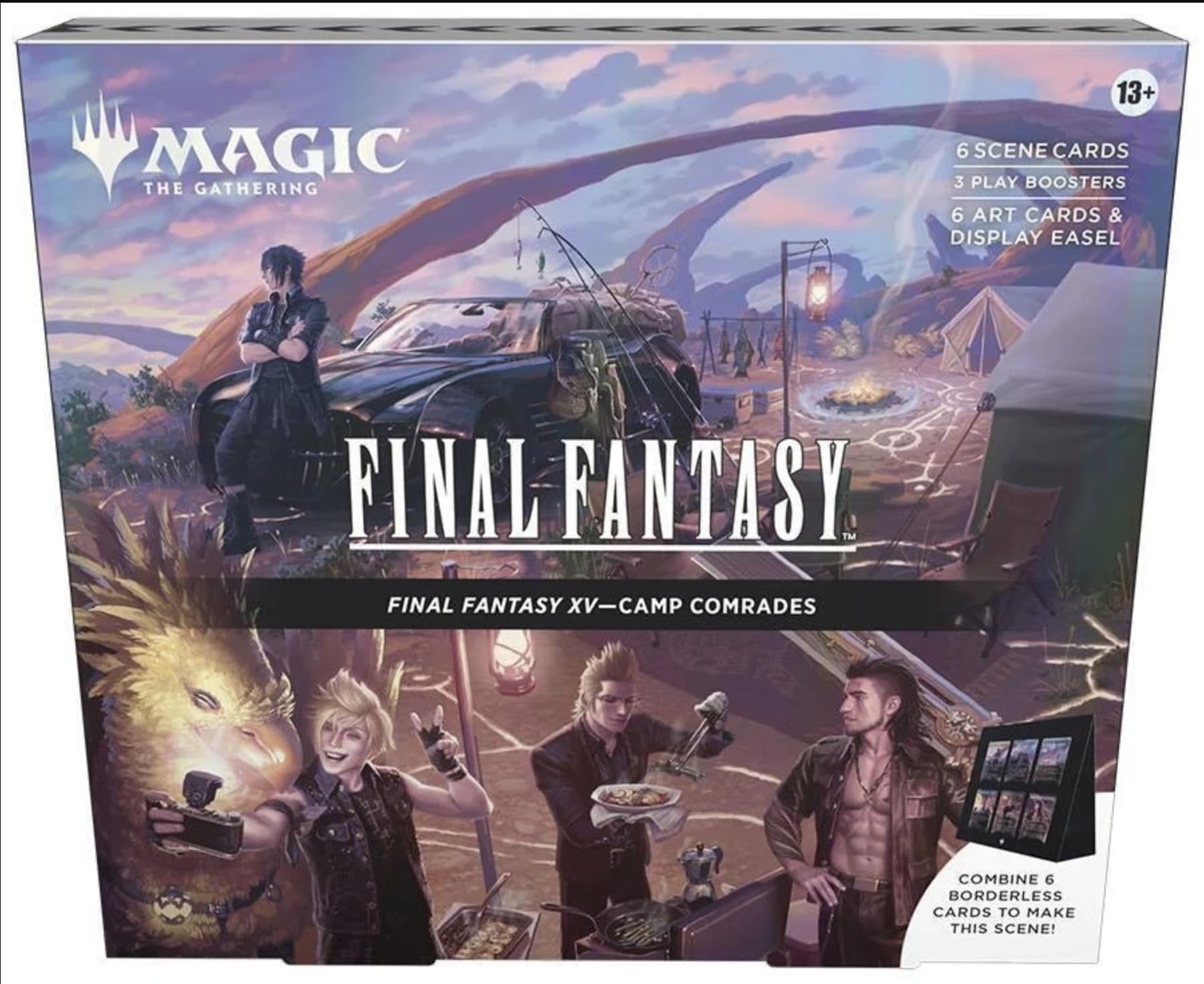 Magic: The Gathering Final Fantasy XV Camp Comrades Scene Box on display easel for showcasing iconic moments