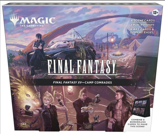 Magic: The Gathering Final Fantasy XV Camp Comrades Scene Box on display easel for showcasing iconic moments