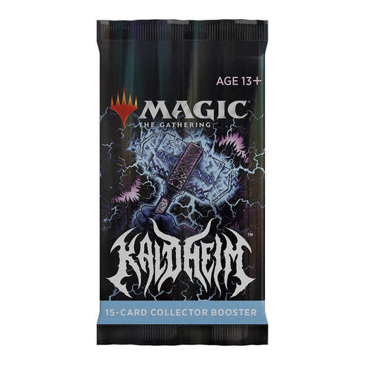 Magic: The Gathering Kaldheim Collector Booster Pack front shows premium cards for collectors.