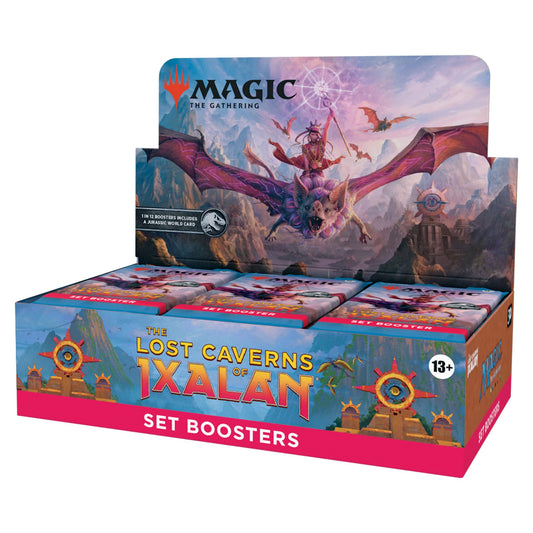 Magic: The Gathering Lost Caverns Ixalan set boosters box front highlighting new card reveals.
