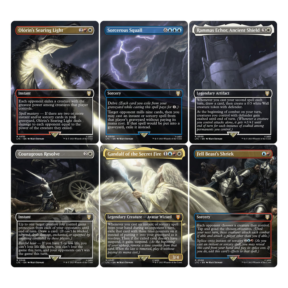 Borderless scene cards from MTG LOTR box form an epic panoramic moment.