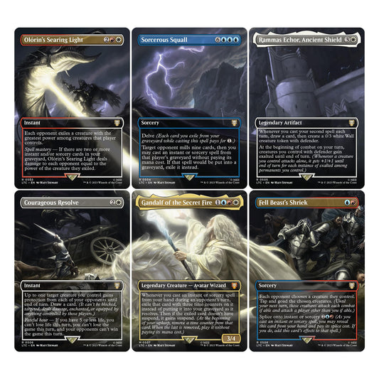 Borderless scene cards from MTG LOTR box form an epic panoramic moment.