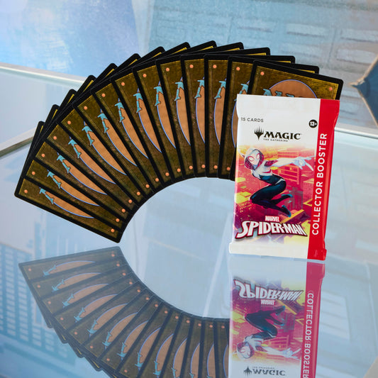 Magic: The Gathering Spider-Man Collector Booster foil cards highlight rare art for display.