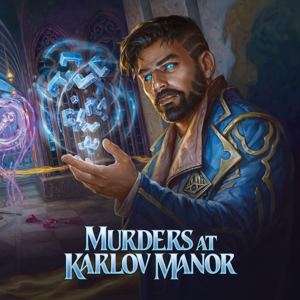 Magic: The Gathering Murders at Karlov Manor tokens, life wheel, and deck box setup.