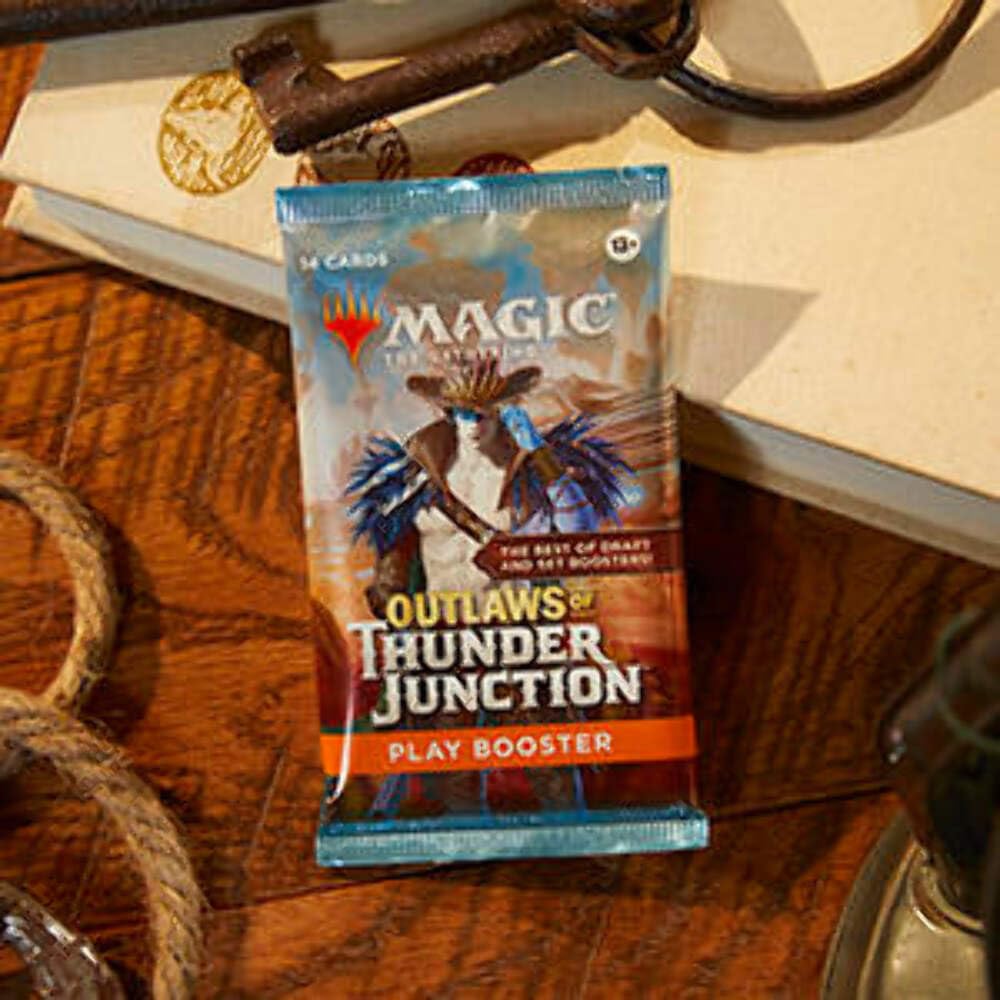 Magic: The Gathering Outlaws of Thunder Junction boosters display showing a curated pack layout.