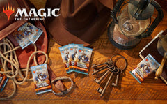 Magic: The Gathering Outlaws of Thunder Junction branding emphasizing official MTG quality and authenticity.