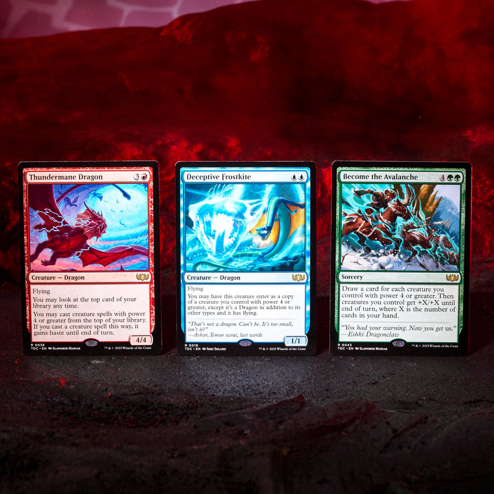 Magic: The Gathering Tarkir Dragonstorm Deck artwork highlights borderless dragons