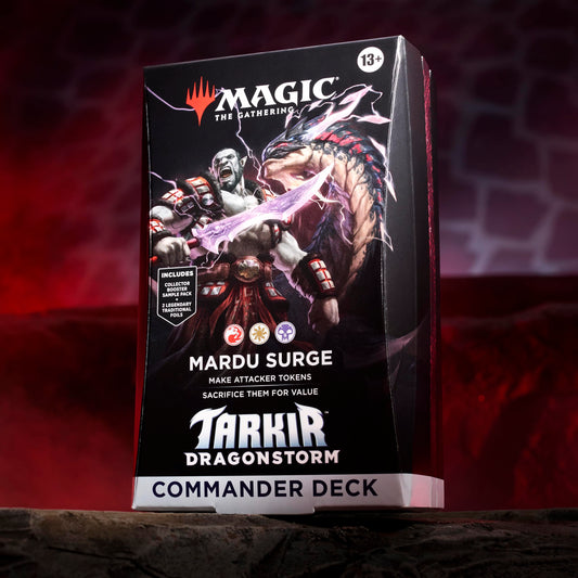 Magic: The Gathering Tarkir Dragonstorm Deck foil borderless commanders showcased for collectible display