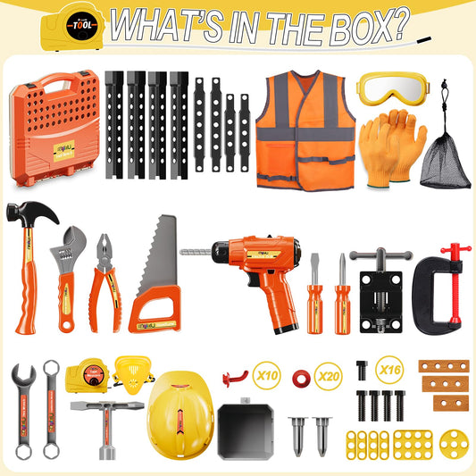 Magic4U Kids Tool Bench Set full-parts layout highlights the 95-piece pretend workshop.