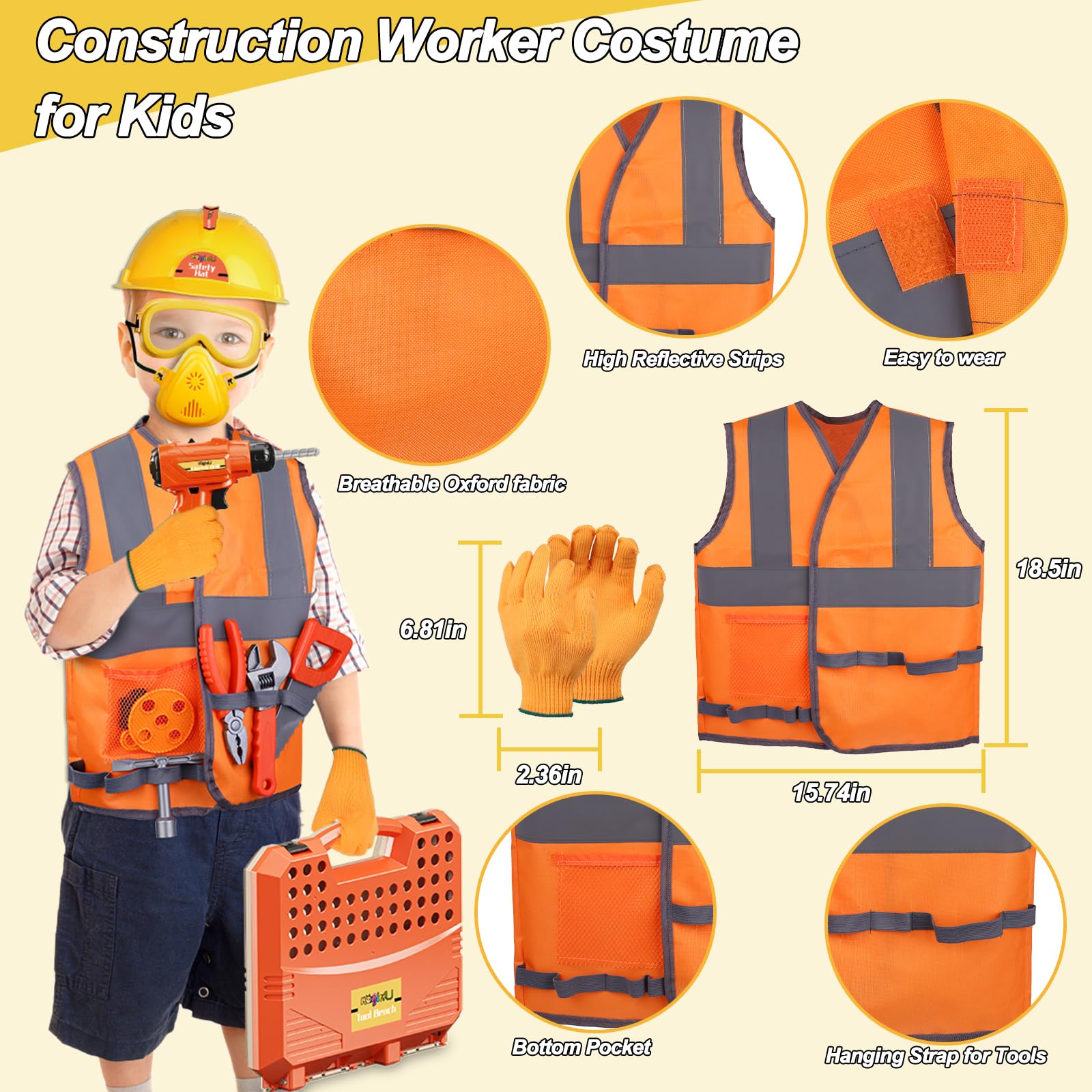 Magic4U Kids Tool Bench Set safety vest visual emphasizes gear for role-play safety.