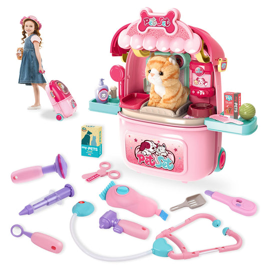 MAGIC4U pet care suitcase kit with organized tools for imaginative pretend play.