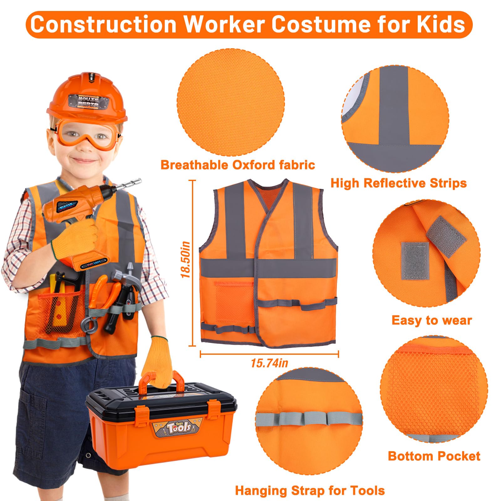 Magic4U safety vest and hat showcase safe dress-up for aspiring builders.