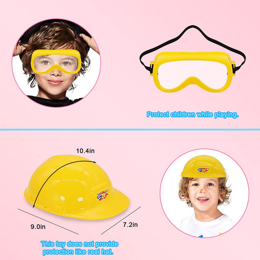 Magic4U toy tool set kid with hat and goggles ready for pretend construction.