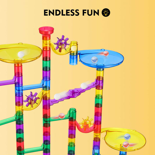 Magicfly Marble Run Set 90 translucent pieces arranged for imaginative construction.