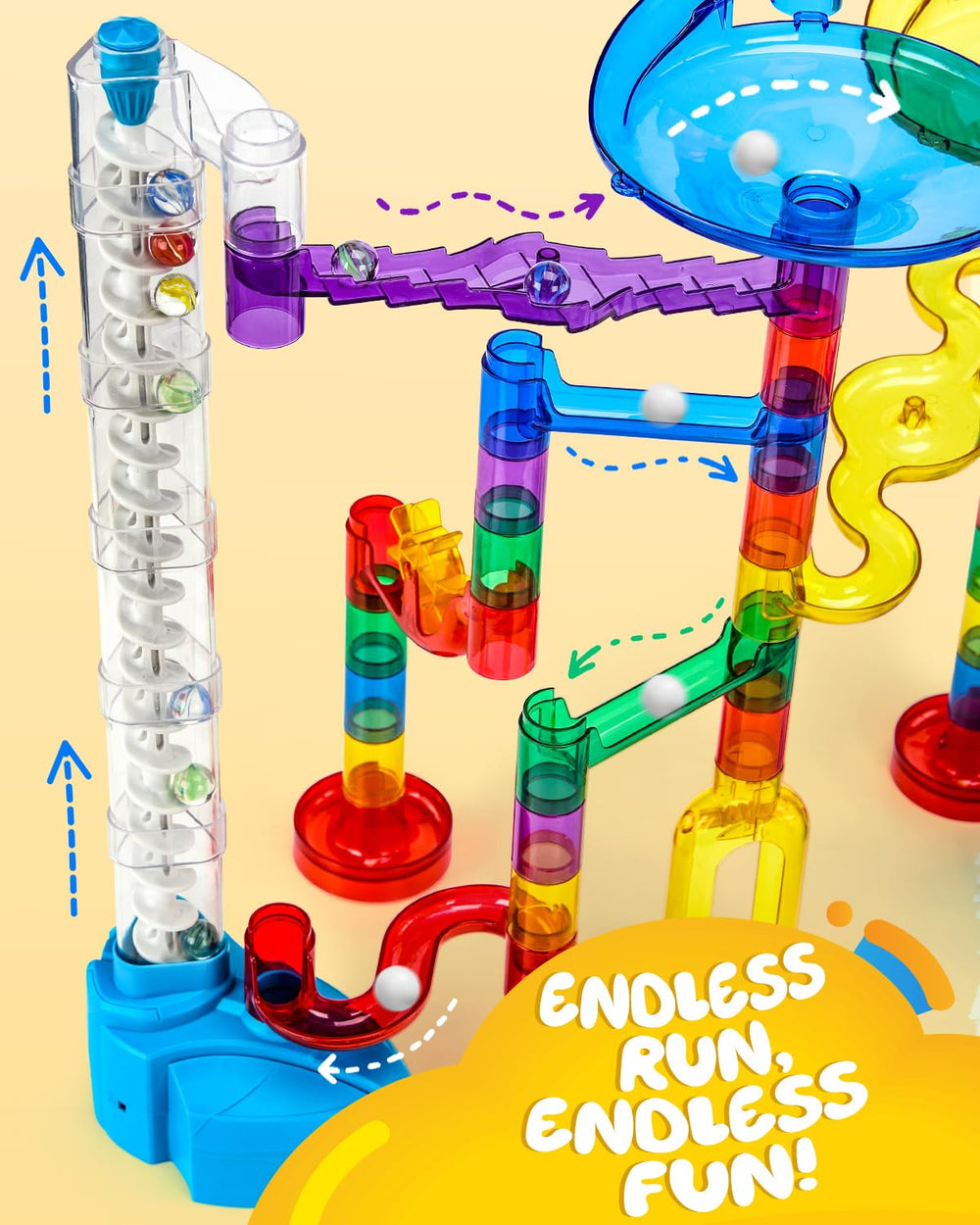 Magicfly spiral lift demonstrates automated elevator during marble race.