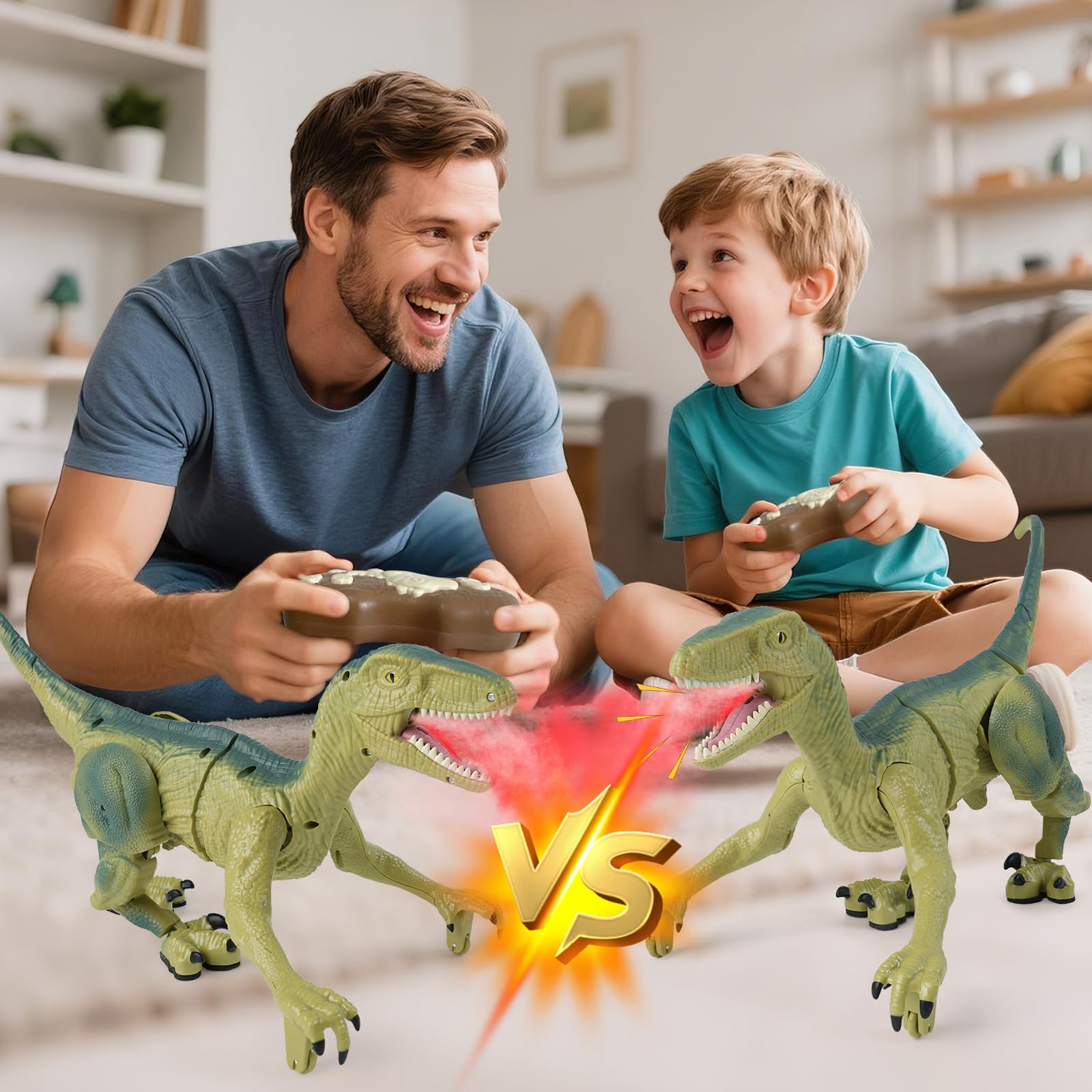 MagicKidz RC Dinosaur Multiplayer image promotes group play with friends via 2.4GHz remote.