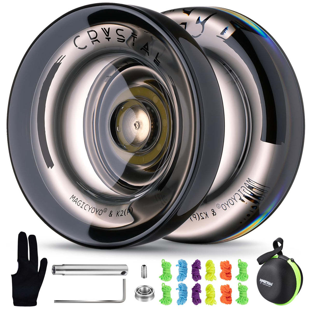 MAGICYOYO K2 crystal black yoyo in hand, premium PC construction visible.
