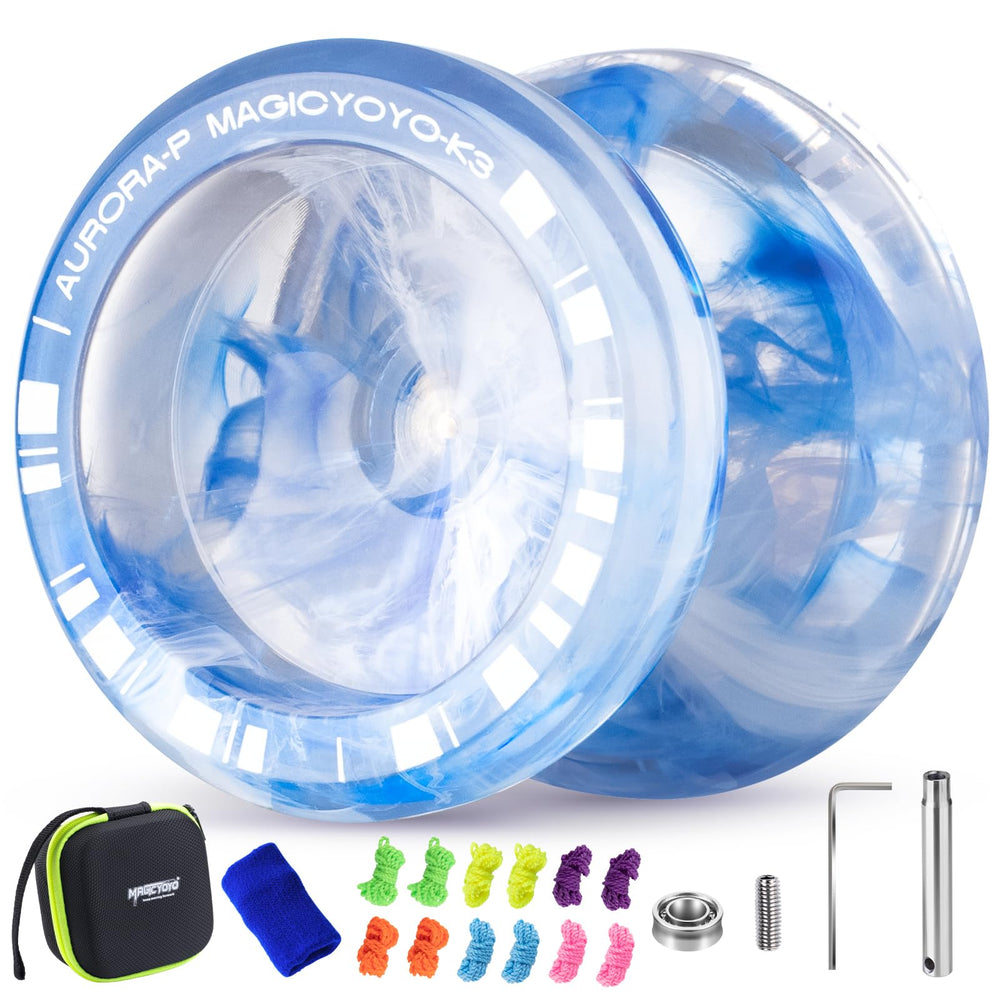 MagicYOYO K3 Aurora-P blue-white front view for beginner-friendly practice and smooth returns.