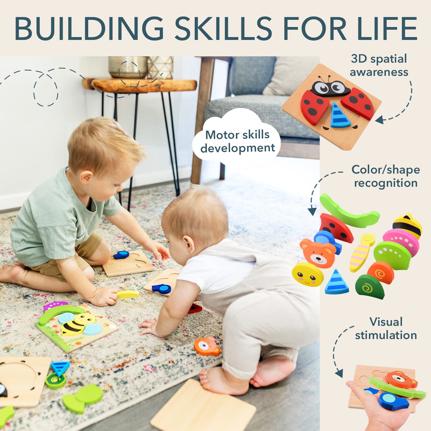 MAGIFIRE wooden puzzles closeup pieces highlight safe, water-based paint.