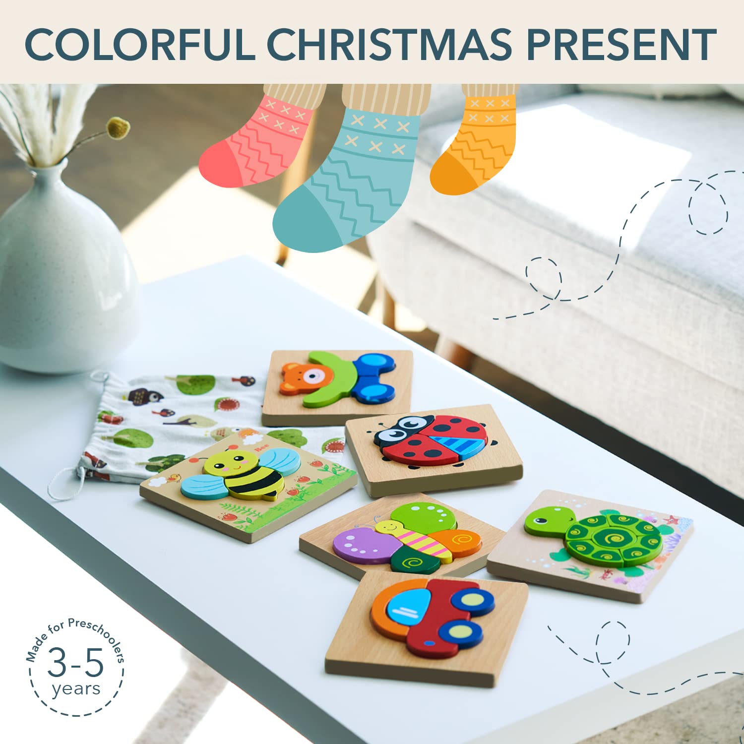 MAGIFIRE wooden puzzles color pieces aid recognition and dexterity during playtime.