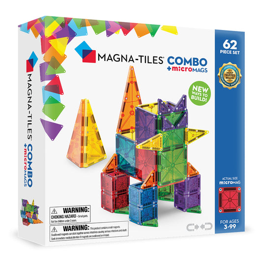 MAGNA-TILES Combo 62-piece box showing colorful tiles for creative play and learning.