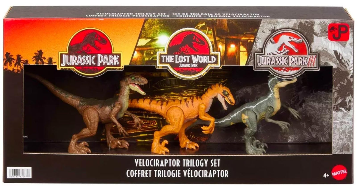 MAGNETOE Jurassic Velociraptor Trilogy Set packshot showcasing three poseable figures