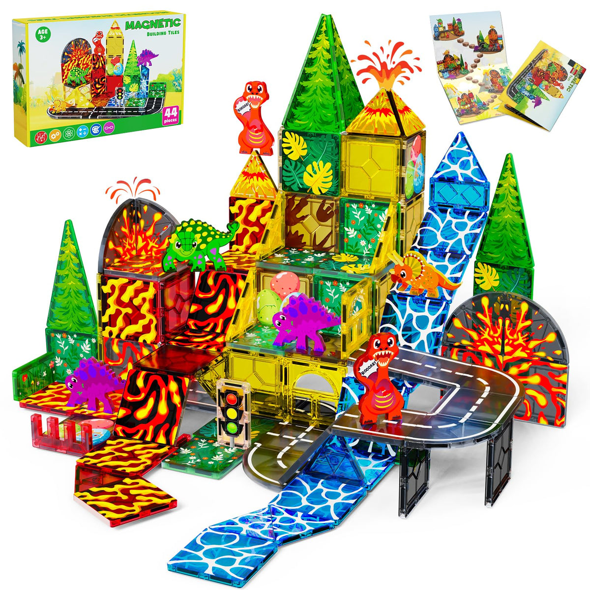 Magnetopia dinosaur tiles erupting volcano for imaginative play