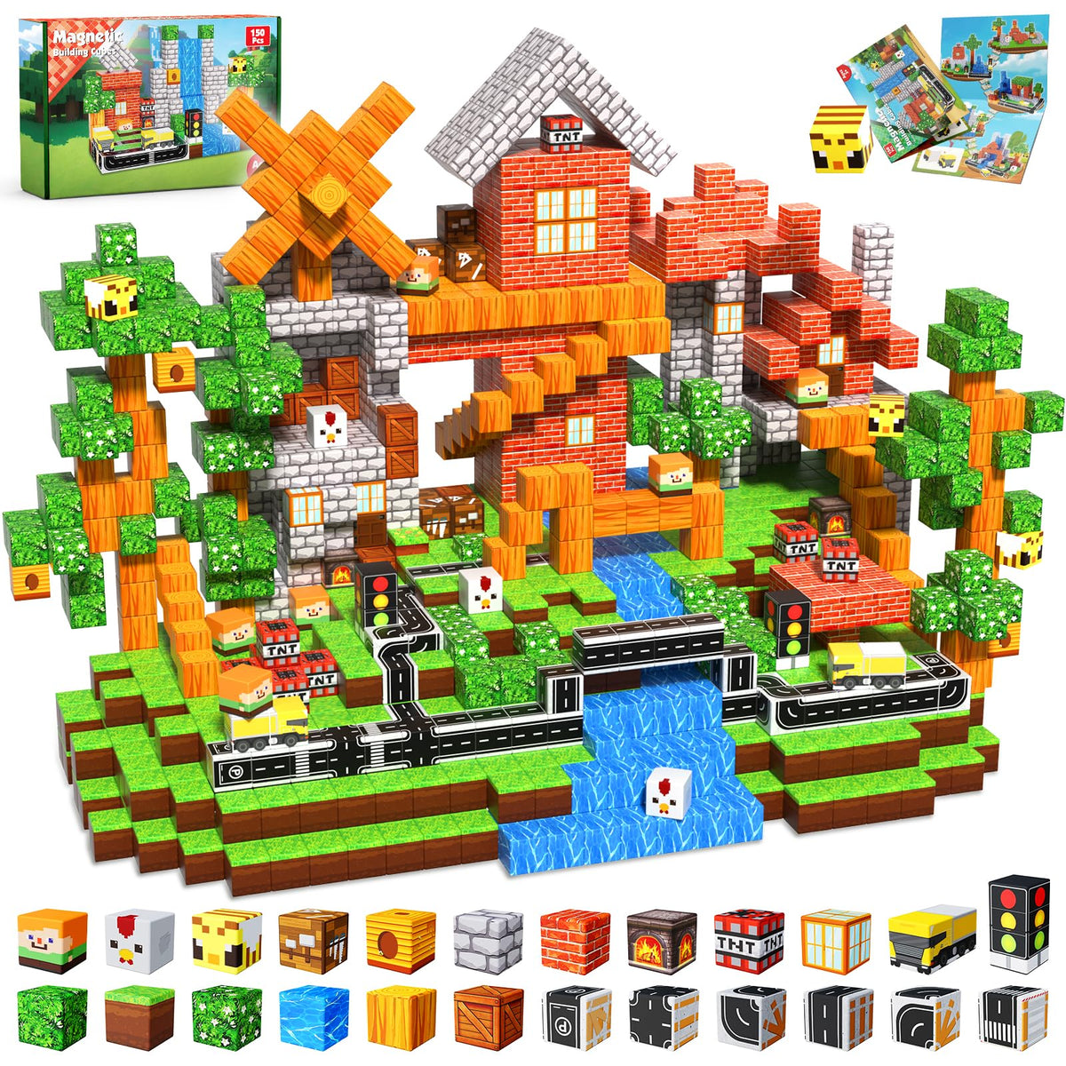 Magneverse 150-pcs blocks building a grasslands scene to spark imaginative play.