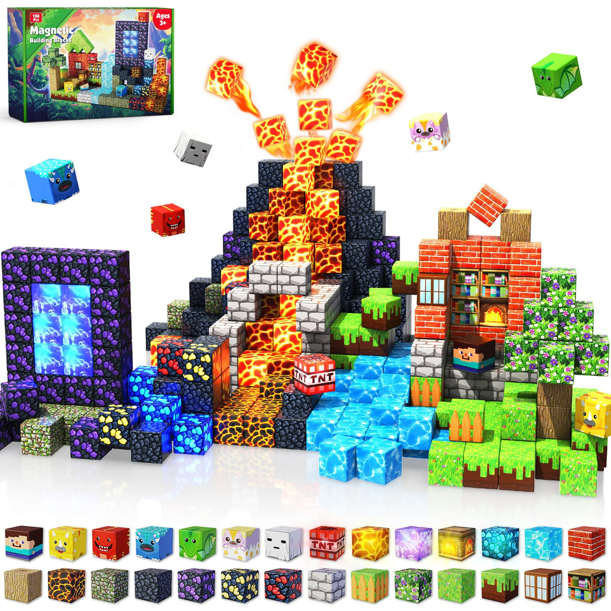 Magneverse 150-pcs magnetic blocks laid out for open-ended building and exploration.
