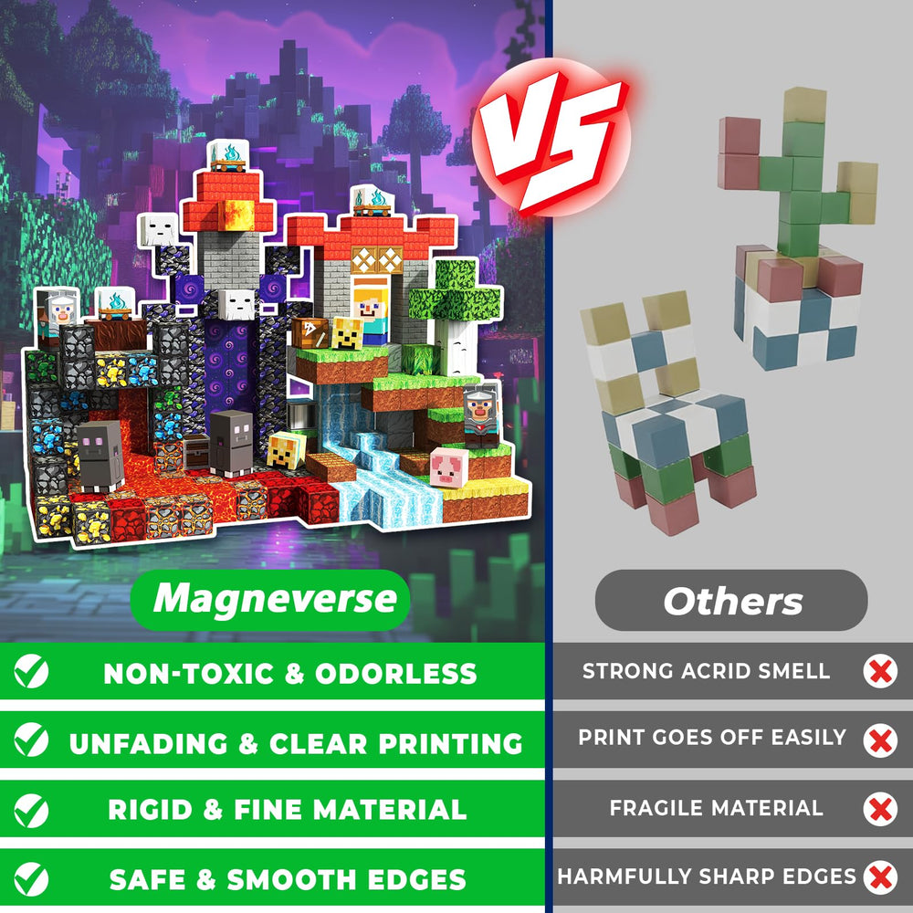 Magneverse compatible magnetic tiles shown expanding play options with other sets.