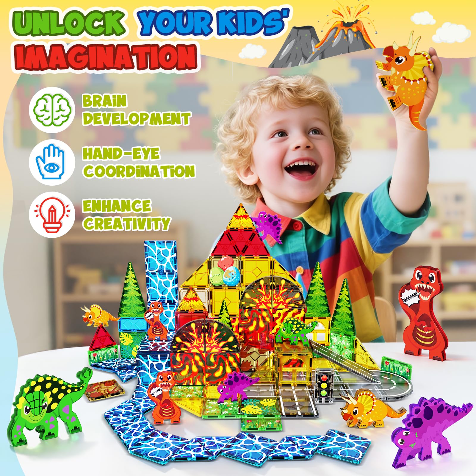 Magneverse Dinosaur Tiles Safety Edges ensure gentle handling for little hands.