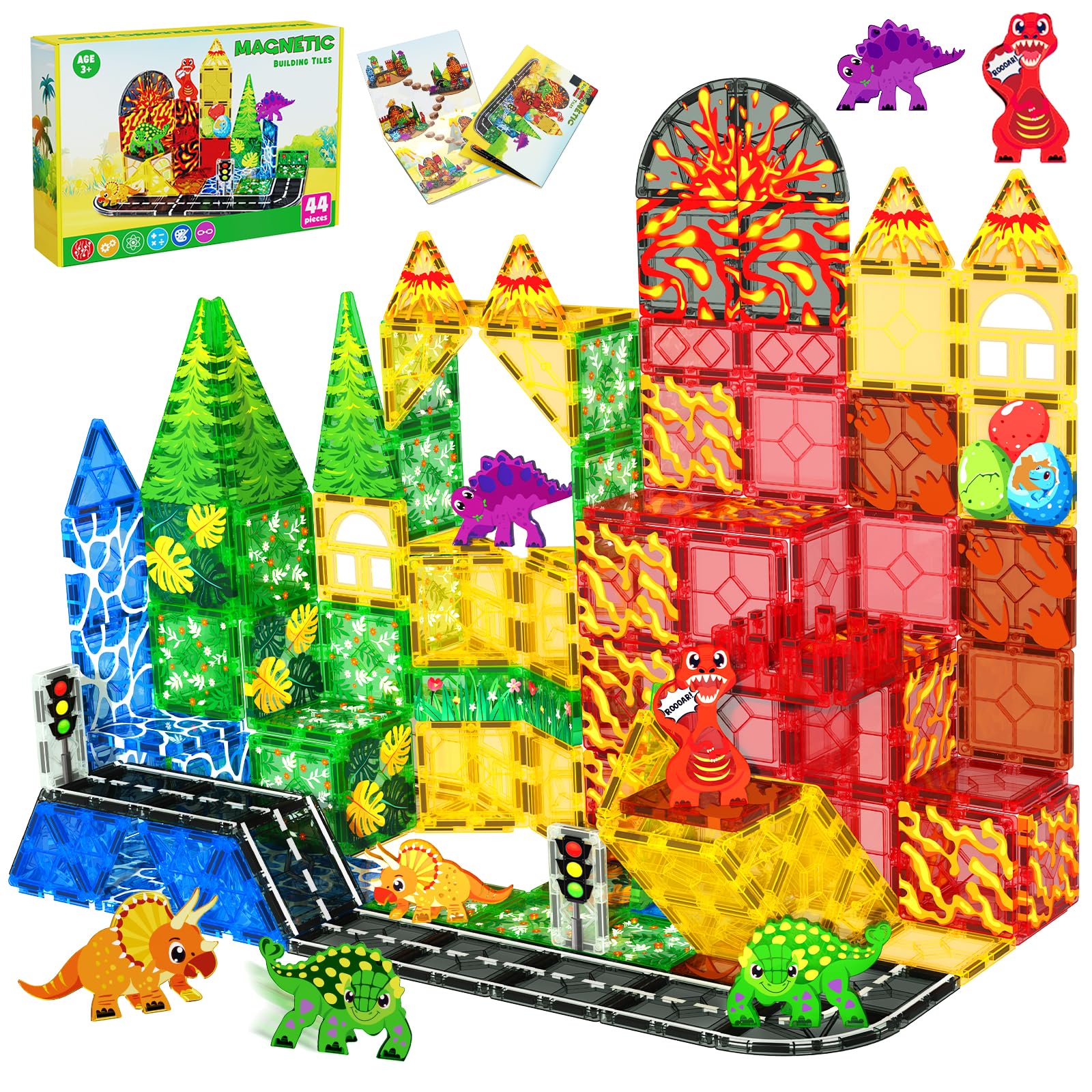 Magneverse Dinosaur Tiles Volcano Scene for imaginative volcano builds and creative play.