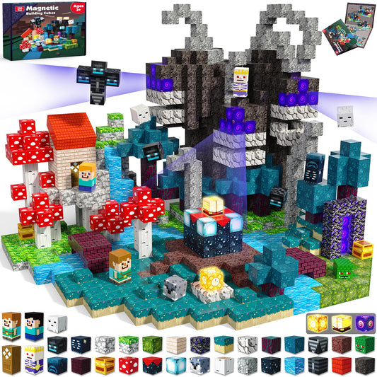 Magneverse forest glow blocks illuminate a magical forest scene for night play