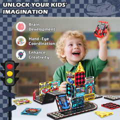 Magneverse fuel station with flags promotes color recognition and imaginative racing play.