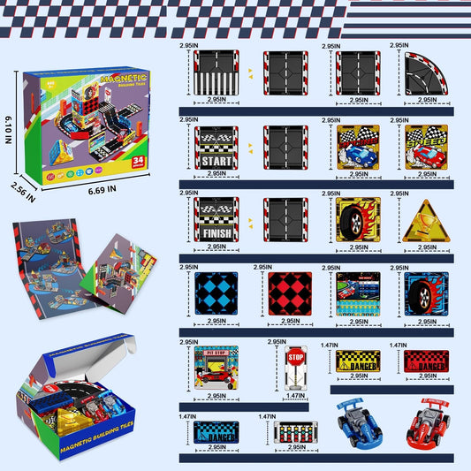 Magneverse Magnetic Tiles Road Set race track layout ready for quick setup and action.