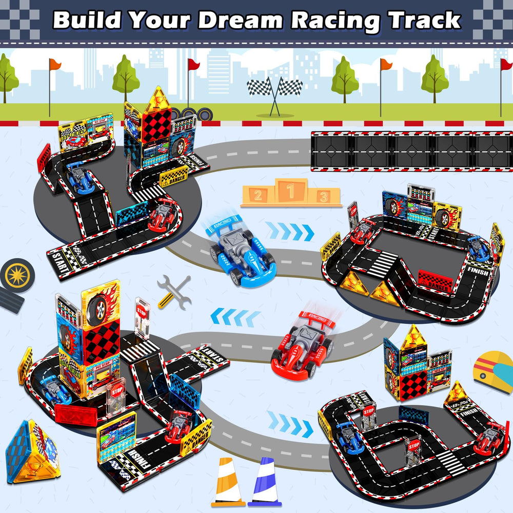 Magneverse two cars included on the road set support fast-paced play and hand-eye coordination.